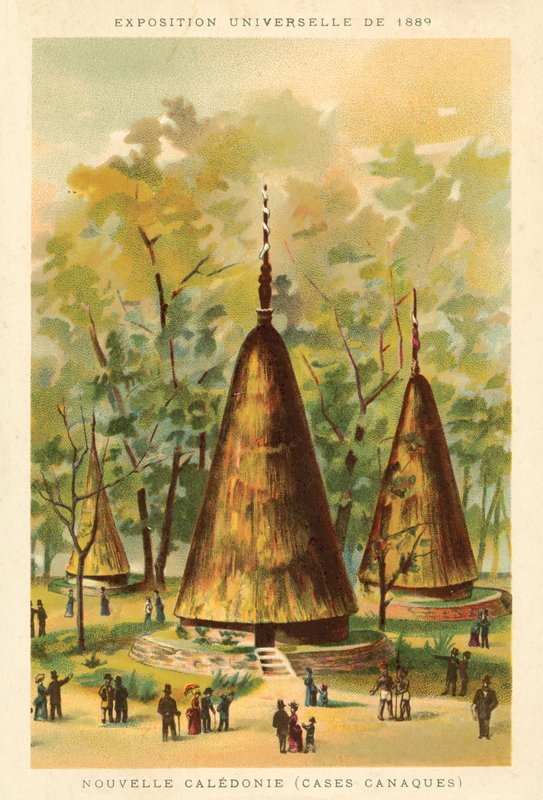 Új-Kaledónia (Kanak kunyhók), Exposition Universelle 1889, Párizs (chromolitho) alkotó: French School