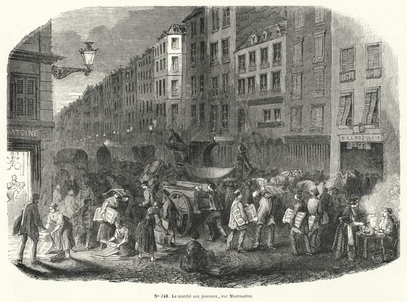 Újságpiac, Rue Montmartre, Párizs (metszet) alkotó: French School