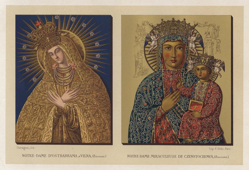 Ostrabramai Szűzanya Vilnában, Lengyelországban; Czenstochowai Miasszonyunk, Lengyelország (chromolitho) alkotó: French School