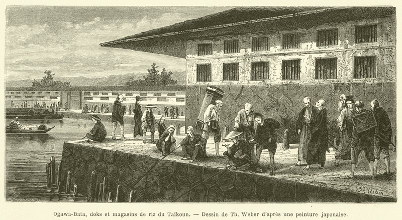Ogawa-Bata, a Taikoun dokok és rizsboltok (metszet) alkotó: French School