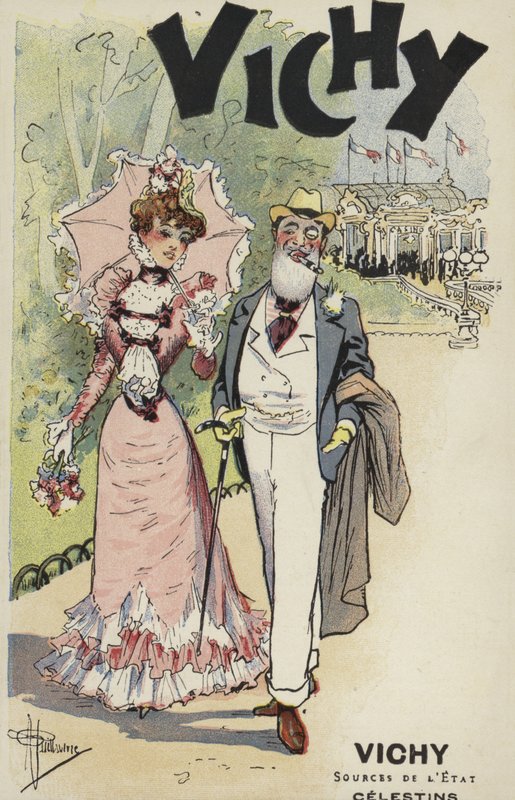 Idős férfi és fiatal lány sétál, Vichy reklámja alkotó: French School