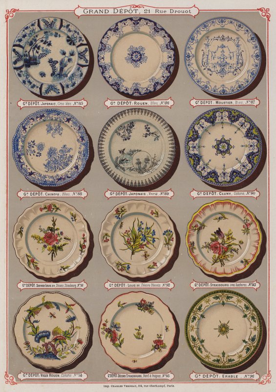 Oldal a Grand Depot de Porcelaines, Faiences et Verreries katalógusából (színes litó) alkotó: French School