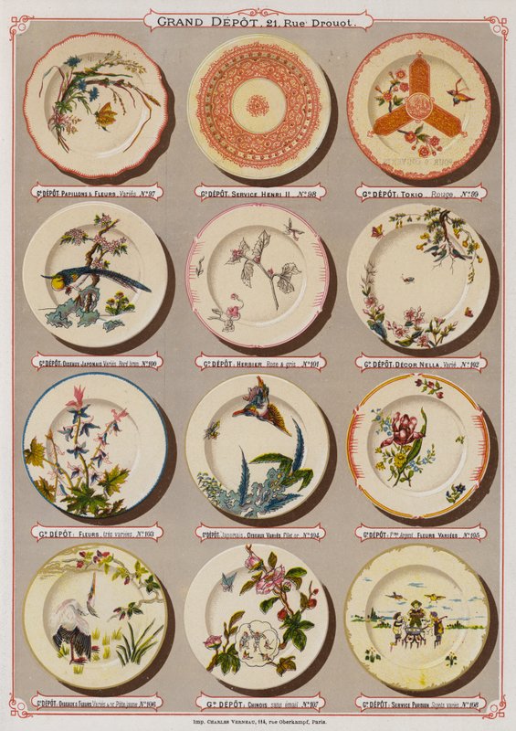 Oldal a Grand Depot de Porcelaines, Faiences et Verreries katalógusából (színes litó) alkotó: French School