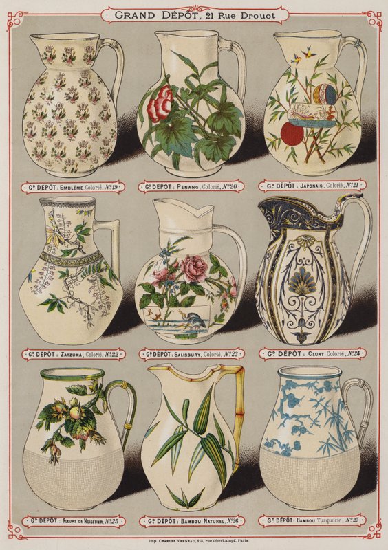 Oldal a Grand Depot de Porcelaines, Faiences et Verreries katalógusából (színes litó) alkotó: French School