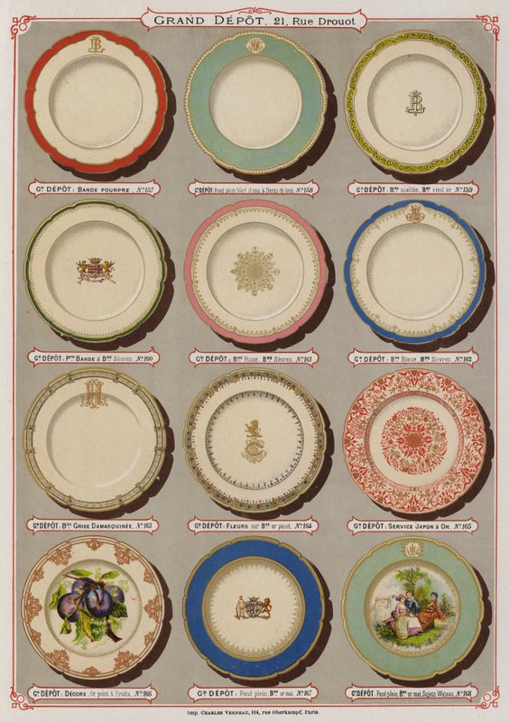 Oldal a Grand Depot de Porcelaines, Faiences et Verreries katalógusából (színes litó) alkotó: French School