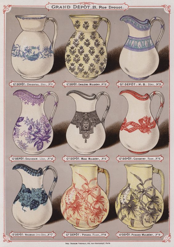 Oldal a Grand Depot de Porcelaines, Faiences et Verreries katalógusából (színes litó) alkotó: French School