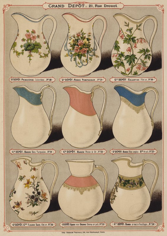 Oldal a Grand Depot de Porcelaines, Faiences et Verreries katalógusából (színes litó) alkotó: French School