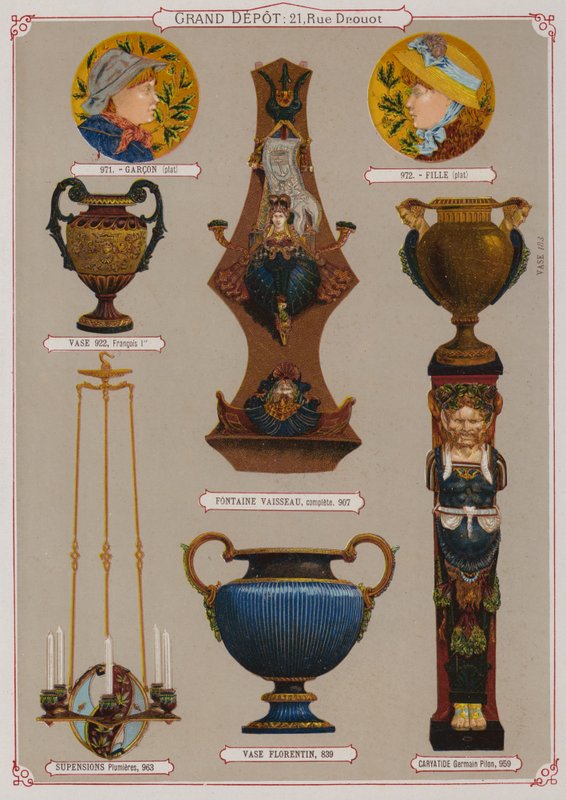 Oldal a Grand Depot de Porcelaines, Faiences et Verreries katalógusából (színes litó) alkotó: French School