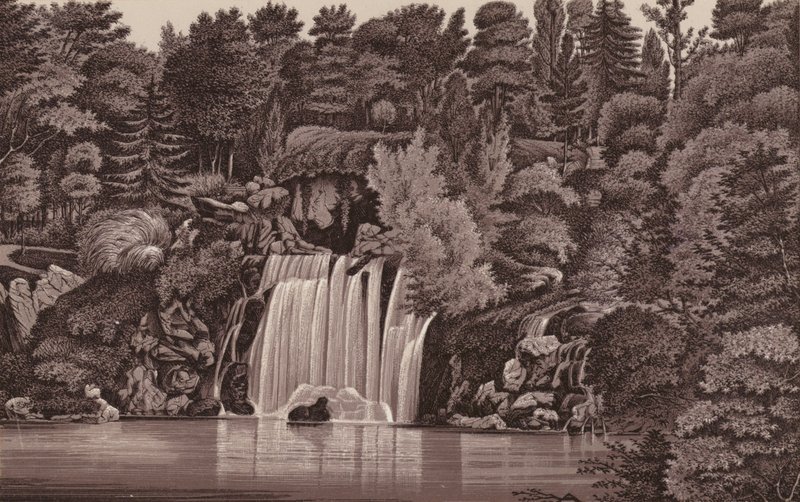 Párizs: Bois de Boulogne vízesés (litho) alkotó: French School