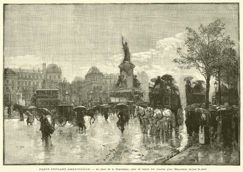 Párizs a kiállítás ideje alatt, a Place de la Republique, a kiállítás autóinak indulási helye, esős napon (metszet) alkotó: French School