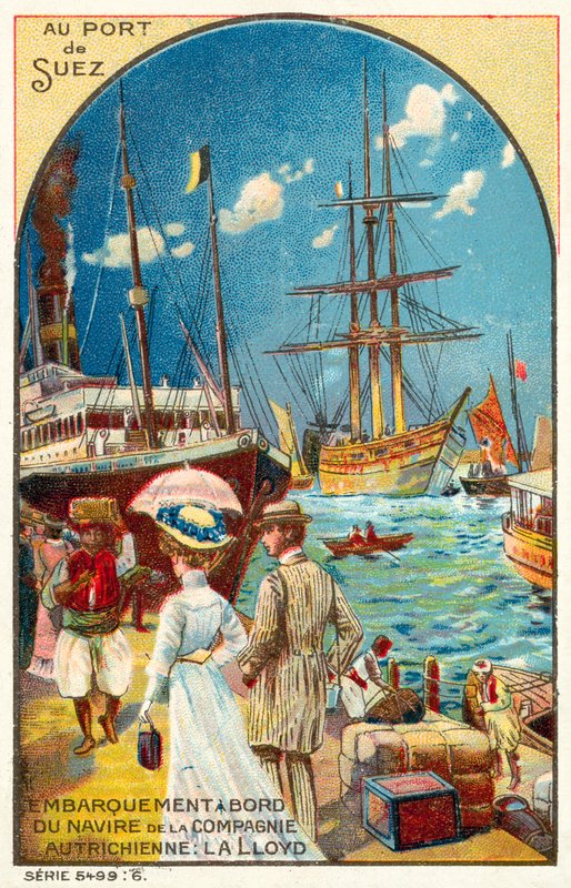 Az osztrák Lloyd vonal hajójára felszálló utasok Szuez kikötőjében, Egyiptomban (chromolitho) alkotó: French School