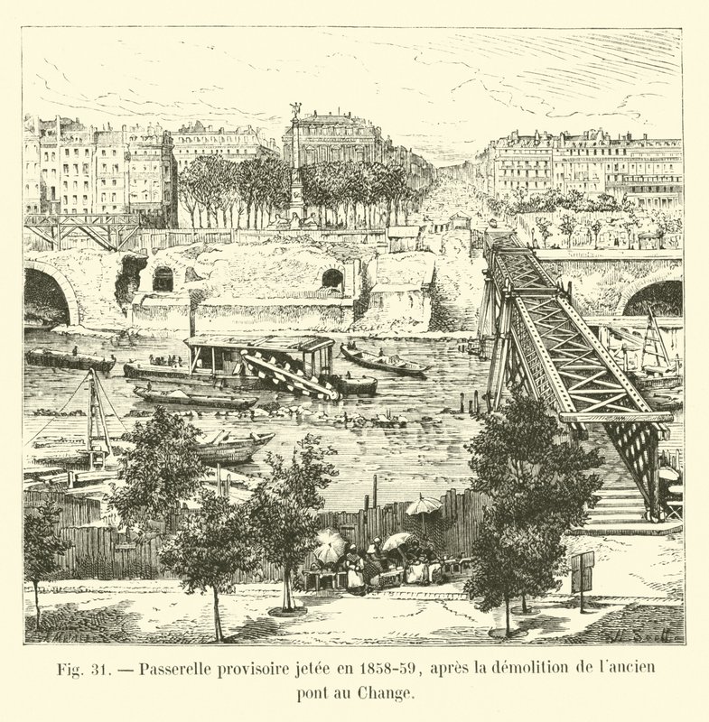 Ideiglenes gyaloghíd 1858-59-ben, a régi Pont au Change lebontása után alkotó: French School