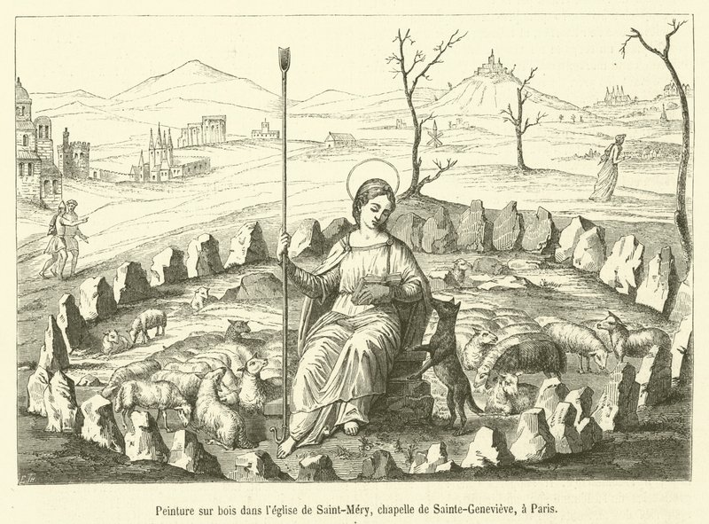 Festmény fára a Saint-Mery templomban, Sainte-Genevieve kápolnában, Párizsban (metszet) alkotó: French School