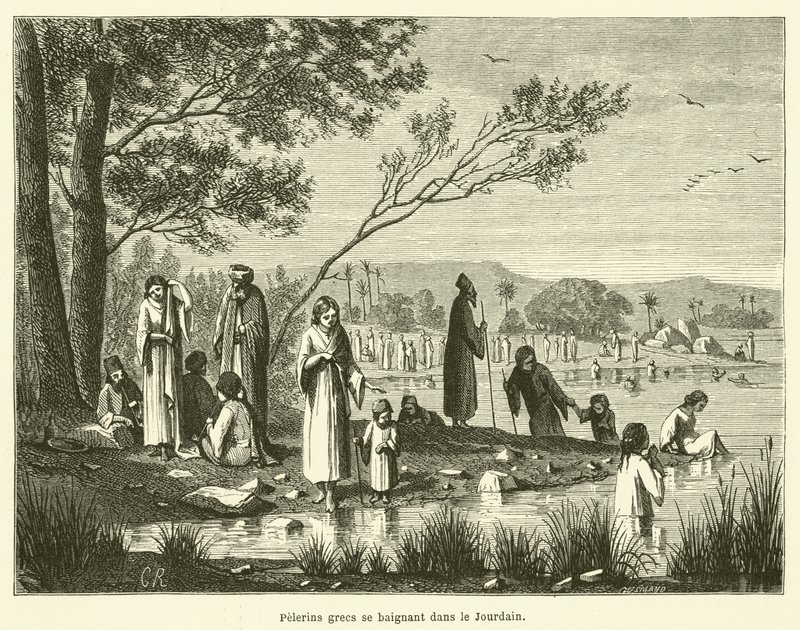 A Jordánban fürdőző görög zarándokok (metszet) alkotó: French School