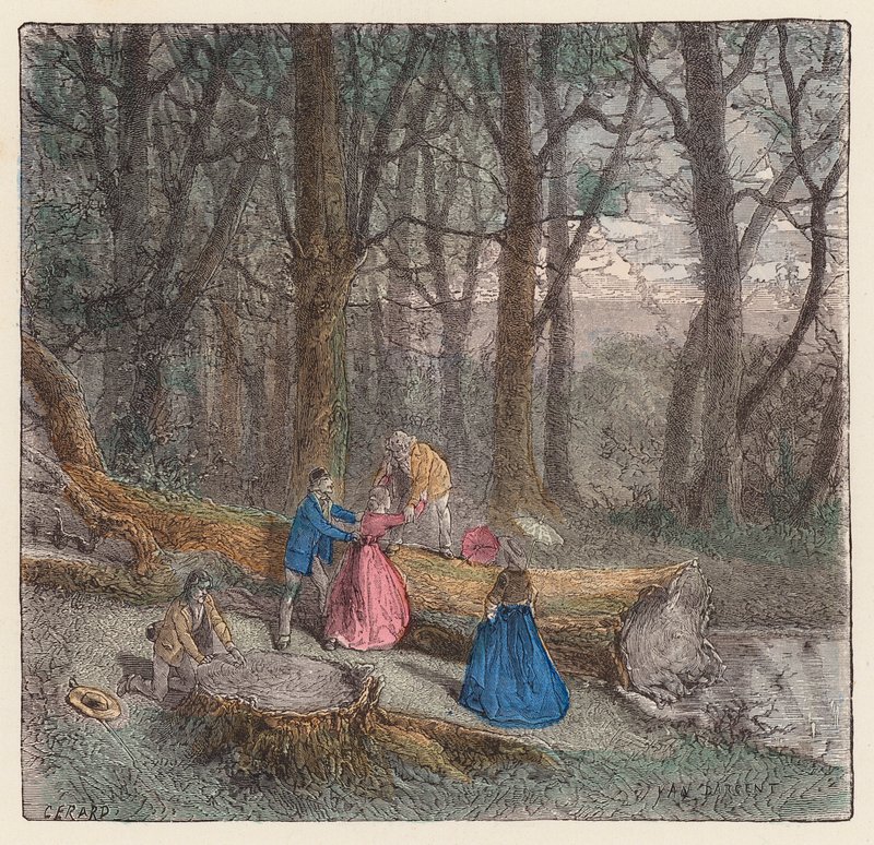 Emberek másznak át egy kivágott fán (színes metszet) alkotó: French School