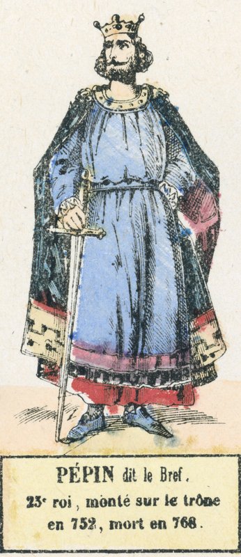 Pepin dit le Bref 23. király, 752-ben lépett trónra, 768-ban halt meg (színes metszet) alkotó: French School