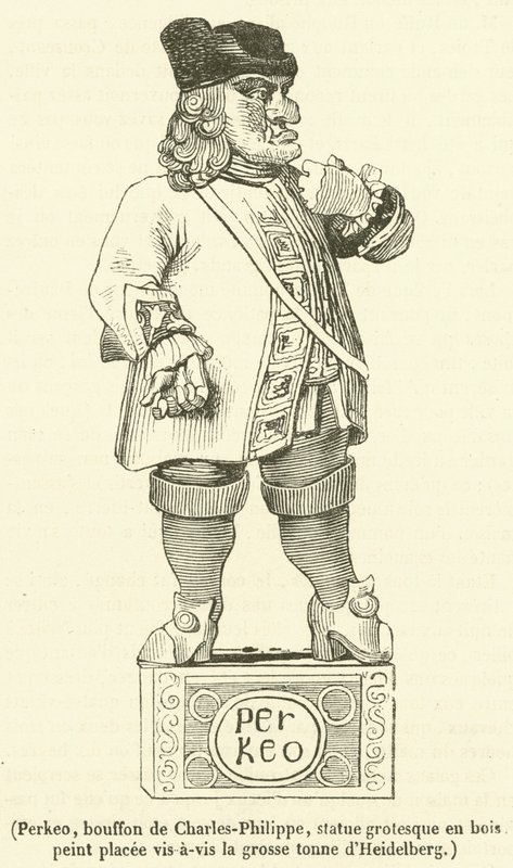 Perkeo, Charles-Philippe bolondja, festett fából készült groteszk szobor Heidelberg nagy tonnájával szemben (metszet) alkotó: French School