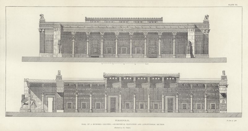 Perszepolisz, a száz oszlop csarnoka, geometriai magasság és hosszmetszet, restaurálta Ch Chipiez alkotó: French School