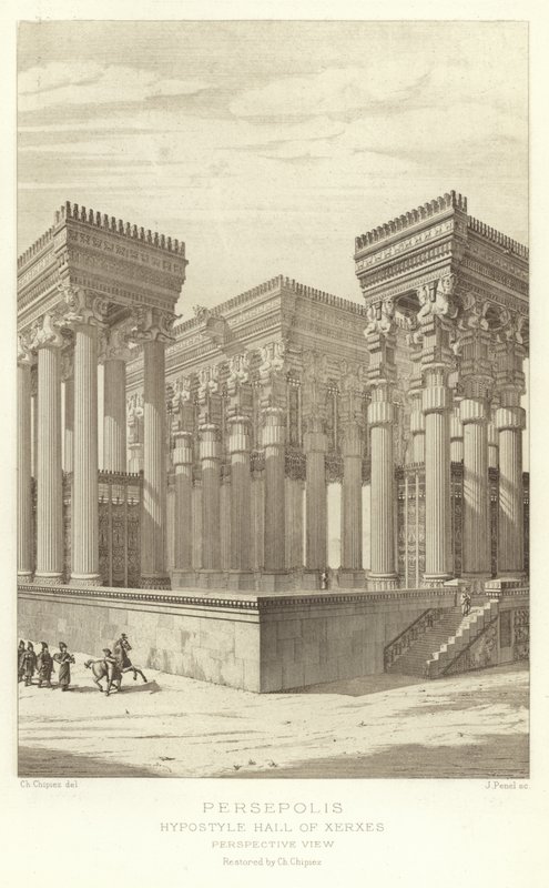 Persepolis, Xerxes Hypostyle Hall, Perspektivikus nézet, restaurálta Ch Chipiez alkotó: French School