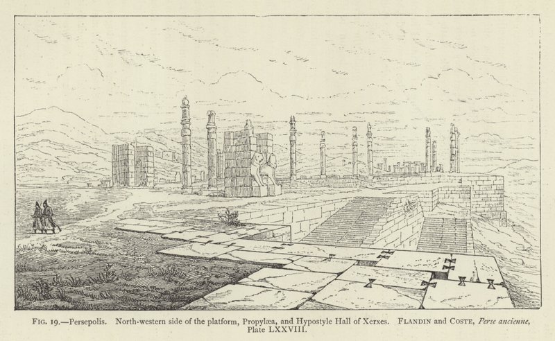 Persepolis, a platform északnyugati oldala, Propylaea és Xerxes Hypostyle-csarnoka alkotó: French School