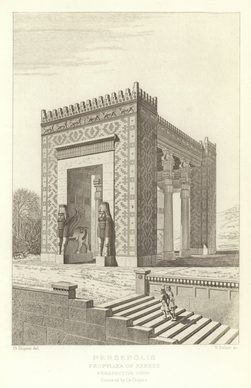 Persepolis, Xerxes Propylaea, Perspektivikus nézet, restaurálta Ch Chipiez alkotó: French School