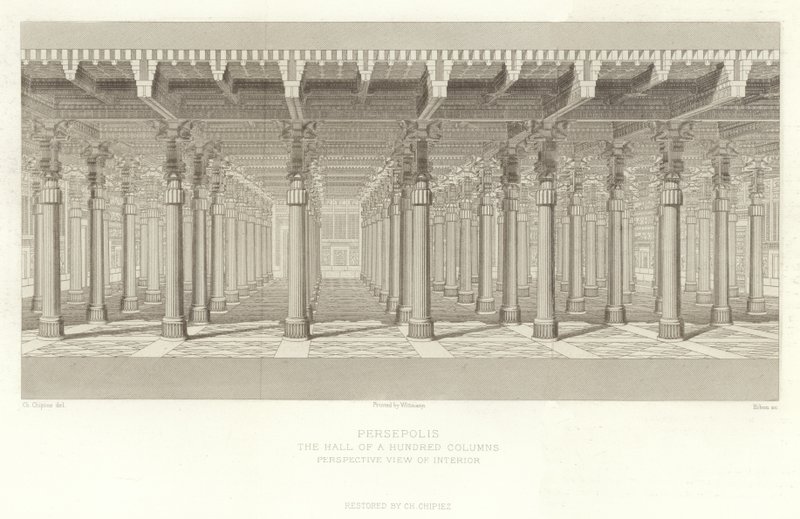 Persepolis, a száz oszlop csarnoka, a belső tér perspektivikus képe, restaurálta Ch Chipiez alkotó: French School