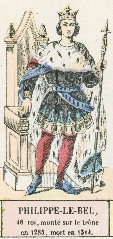 Philippe-le-Bel 46. király, 1285-ben lépett trónra, 1314-ben halt meg (színes metszet) alkotó: French School