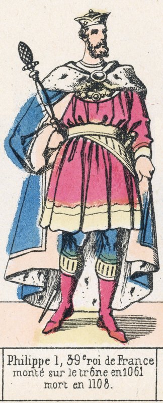 1. Fülöp, Franciaország 39. királya, 1061-ben lépett trónra, 1108-ban halt meg (színes metszet) alkotó: French School