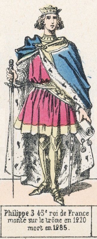 3. Fülöp, Franciaország 45. királya, 1270-ben lépett trónra, 1285-ben halt meg (színes metszet) alkotó: French School
