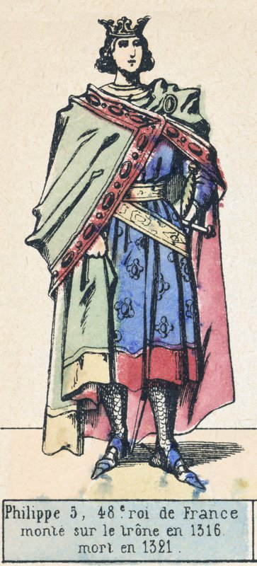 5. Fülöp, Franciaország 48. királya, 1316-ban lépett trónra, 1321-ben halt meg (színes metszet) alkotó: French School