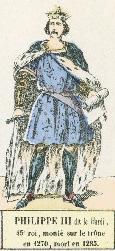 III. Philippe dit le Bold 45. király, 1270-ben lépett trónra, 1285-ben halt meg (színes metszet) alkotó: French School