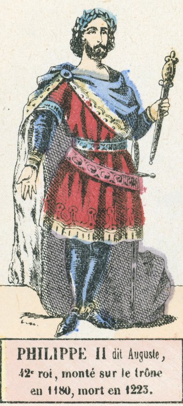 II. Philippe dit Auguste, 42. király, 1180-ban lépett trónra, 1223-ban halt meg (színes metszet) alkotó: French School