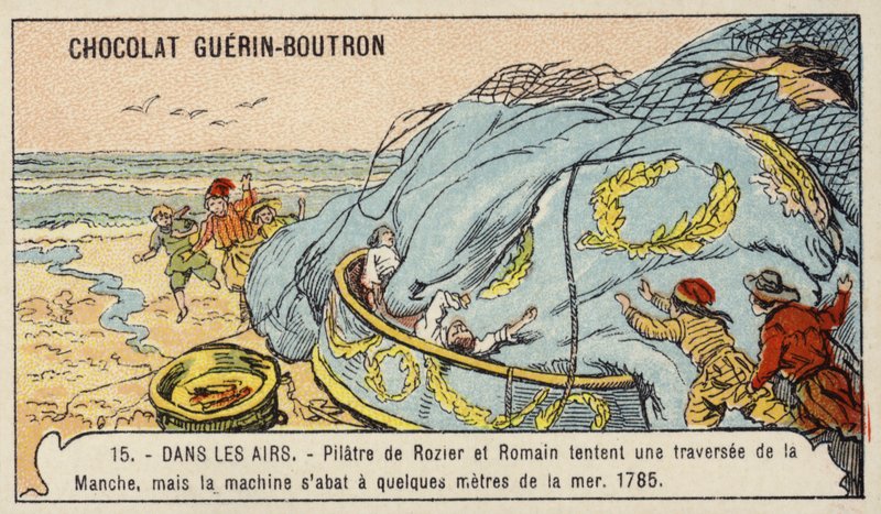 Pilatre de Rozier és Romain sikertelen kísérlete ballonnal átkelni a La Manche csatornán alkotó: French School