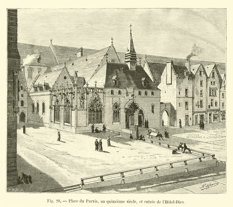 Place du Parvis, a tizenötödik században, és a Hôtel-Dieu bejárata alkotó: French School
