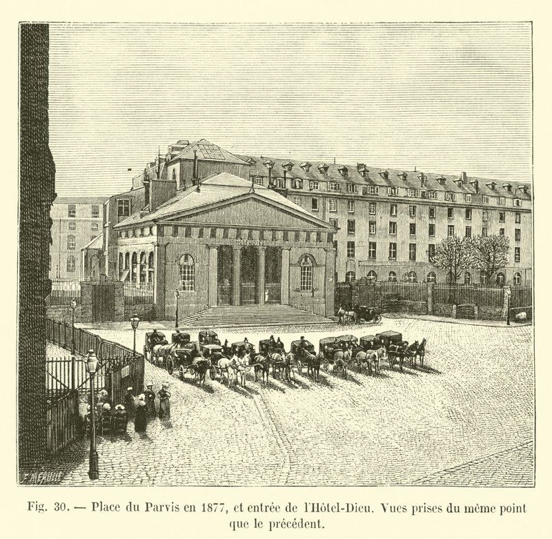 A Place du Parvis 1877-ben és a Hôtel-Dieu bejárata, a kilátás ugyanarról a pontról, mint az előző alkotó: French School