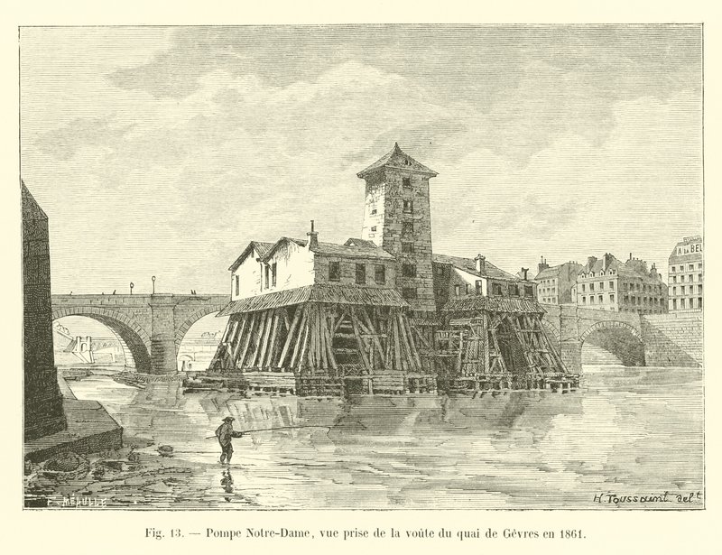 Notre-Dame szivattyú, kilátás a Quai de Gevres boltozatáról 1861-ben alkotó: French School