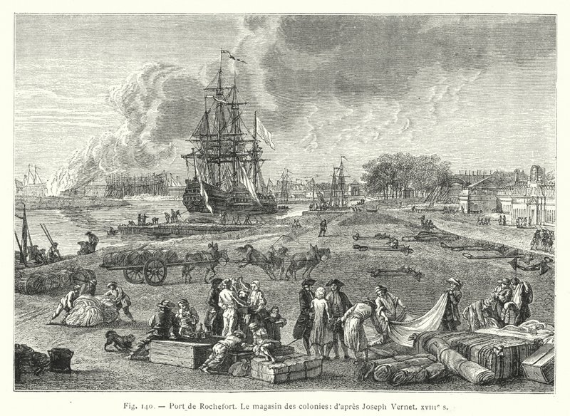 Rochefort kikötője, a gyarmati bolt; Joseph Vernet után 18. század (metszet) alkotó: French School