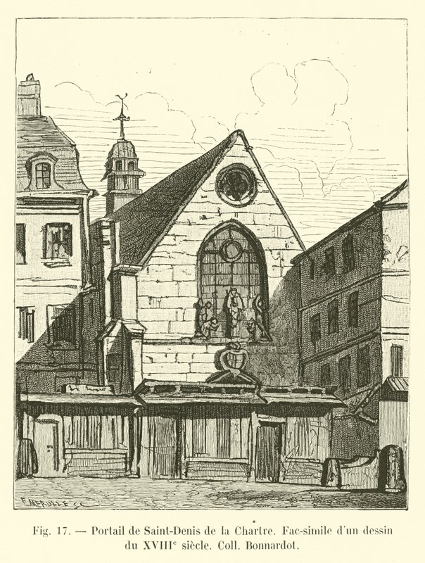 Saint-Denis de la Chartre portálja, egy 18. századi Coll Bonnardot rajz fakszimile alkotó: French School