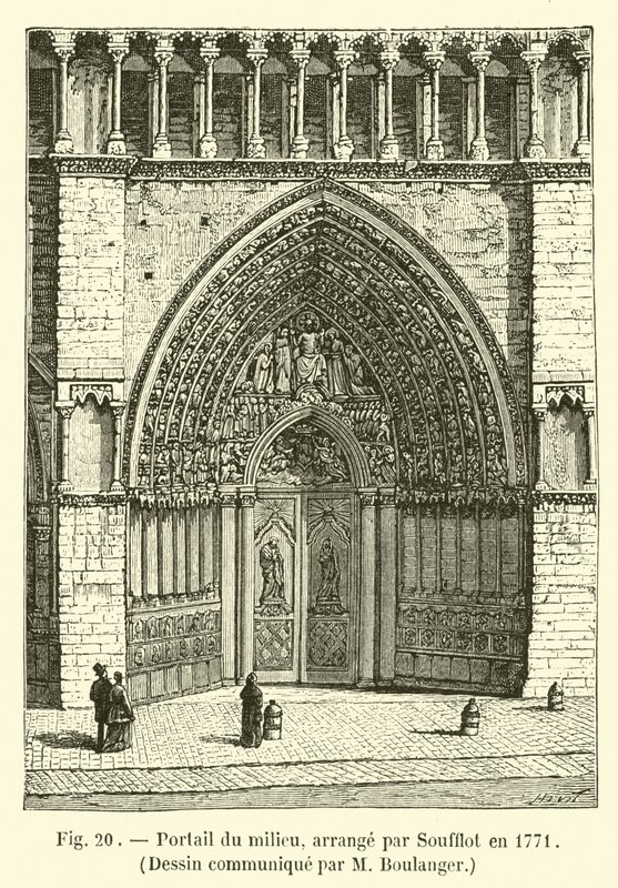 Középső portál, Soufflot rendezte 1771-ben, rajzot közölt M Boulanger alkotó: French School
