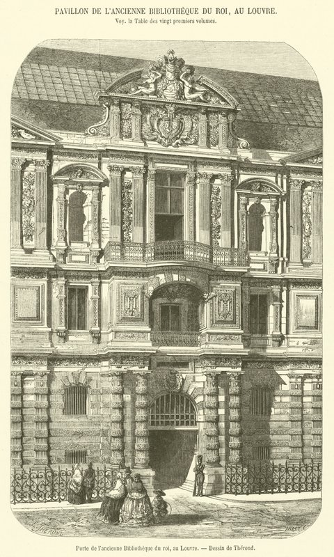 Az egykori királyi könyvtár ajtaja a Louvre-ban (metszet) alkotó: French School