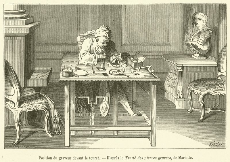 A gravírozó helyzete a tekercs előtt (gravírozás) alkotó: French School