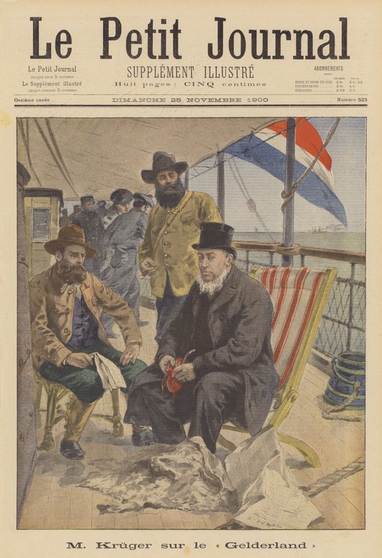 Kruger transzvaali elnök száműzetésbe hajózik a holland Gelderland hajó fedélzetén (színes litho) alkotó: French School