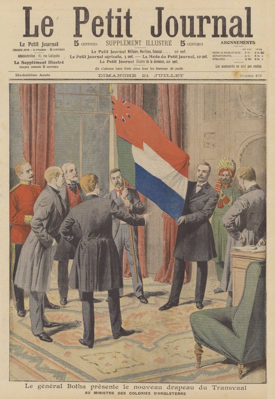Louis Botha miniszterelnök átadja Transvaal kolónia új zászlaját a brit gyarmati... (színes litho) alkotó: French School