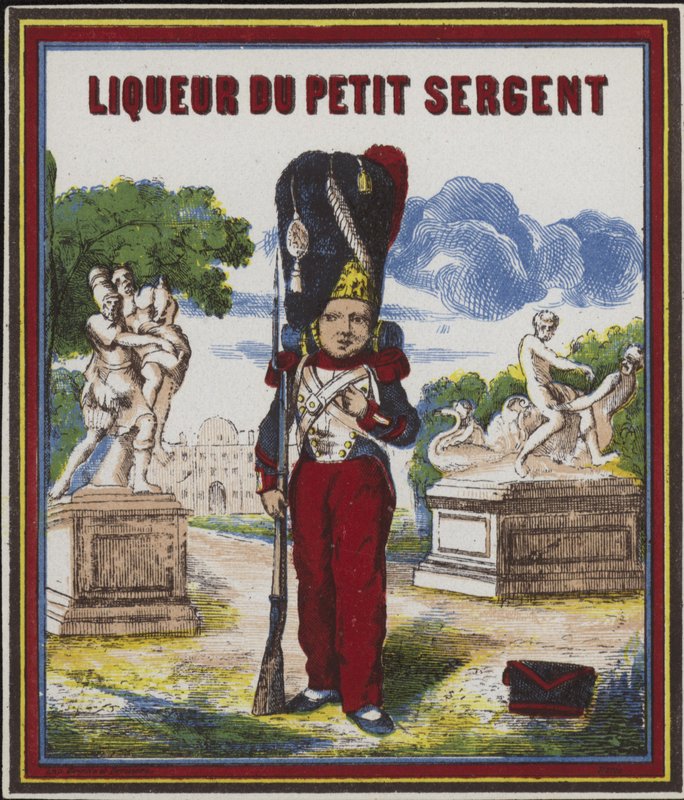 A Liqueur du Petit Sergent termékcímkéje alkotó: French School