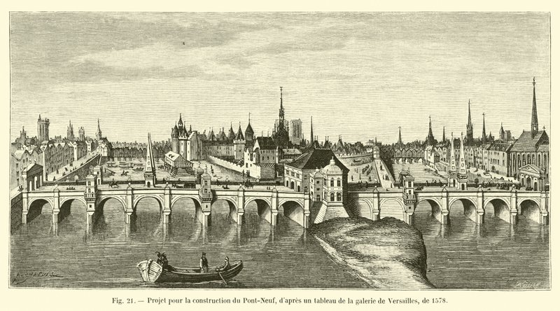 A Pont-Neuf építésének terve a versailles-i galériában készült festmény után, 1578-ból alkotó: French School