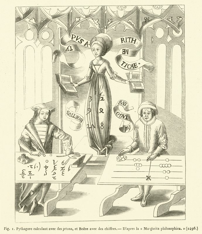 Pythagoras jelzőkkel számol, Boece pedig számokkal (metszet) alkotó: French School