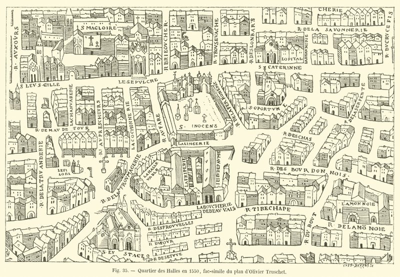 Les Halles kerület 1550-ben, Olivier Truschet tervének fakszimile alkotó: French School