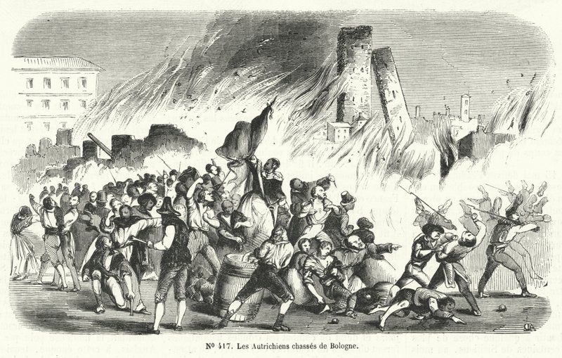 Lázadók, akik kiűzték az osztrákokat az olaszországi Bolognából, 1848 alkotó: French School