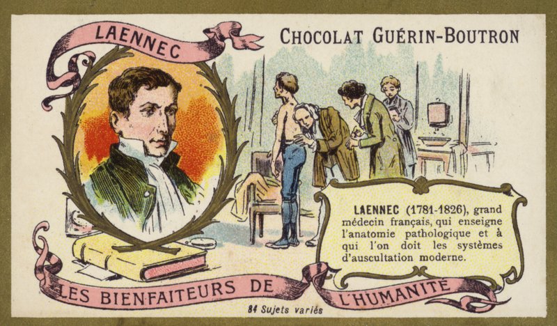 Rene Laennec francia orvos és a sztetoszkóp (chromolitho) feltalálója alkotó: French School