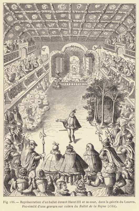 Egy balett ábrázolása III. Henrik és udvara előtt, a Louvre-i galériában (metszet) alkotó: French School